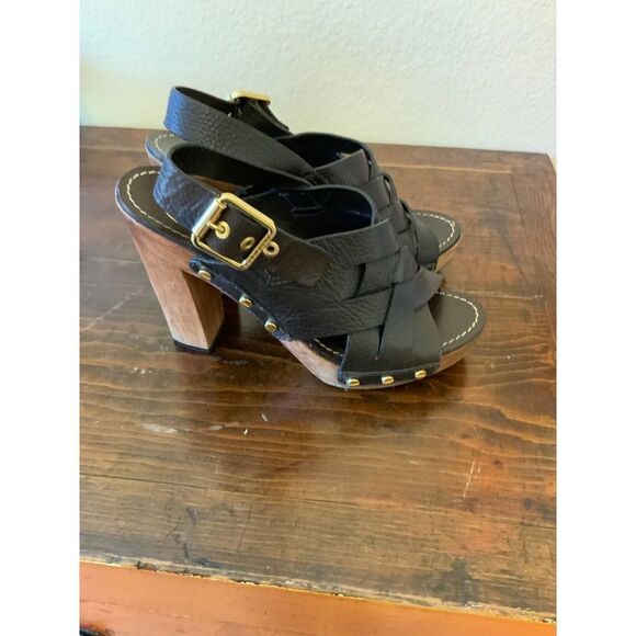 TORY BURCH Jodie Brown Leather Wooden Heels 7.5M - Picture 7 of 13